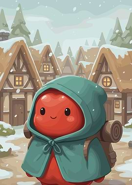 Cute character in a snowy village