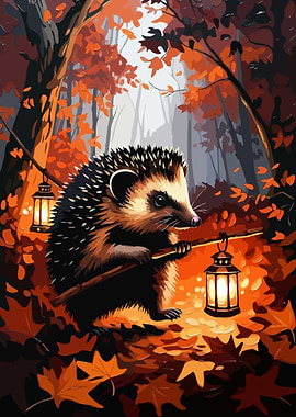 Hedgehog with Lanterns in Autumn Forest