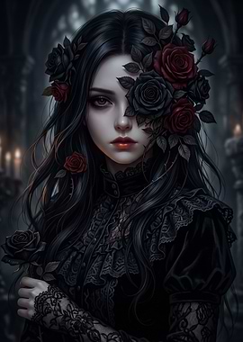 Gothic Anime Girl with Roses Dark Aesthetic Portrait