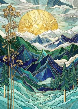 Stained Glass Mountain Landscape