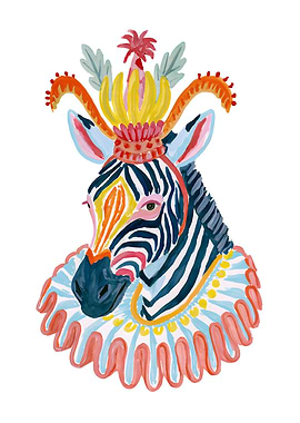 Whimsical Zebra Portrait with Crown and Ruffle Collar
