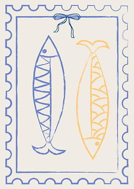 Two stylized fish on a stamp