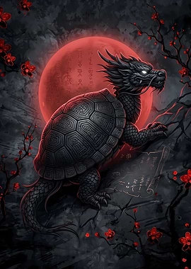 Dragon Turtle Under Red Moon