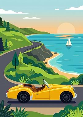 Yellow Convertible on Coastal Road