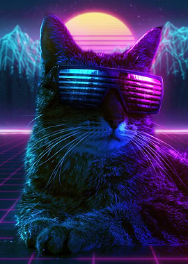 Retro Cat with Neon Glasses