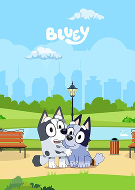 Bluey and Bingo in a Park