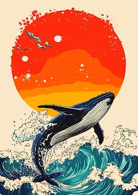 Whale breaching in ocean waves