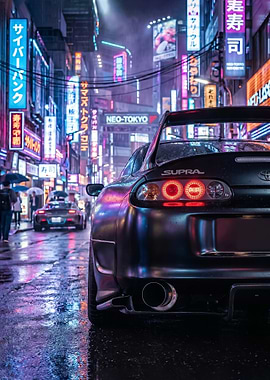 Cyberpunk Supra mk4 in Neo-Tokyo poster
