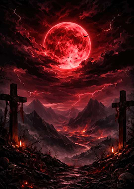 Bloody Moon Over a Hellish Landscape
