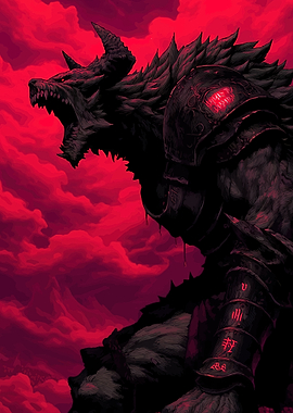 Fierce Werewolf Warrior in Red Sky