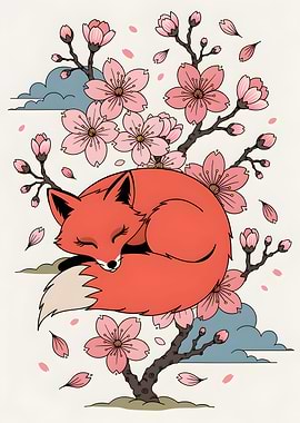 Sleeping Fox and Cherry Blossoms - Cute Japanese-Style Illustration
