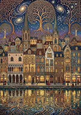 Magical Cityscape with Cosmic Trees
