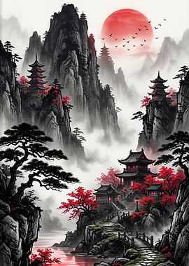 Misty Mountains with Pagodas and Red Sun