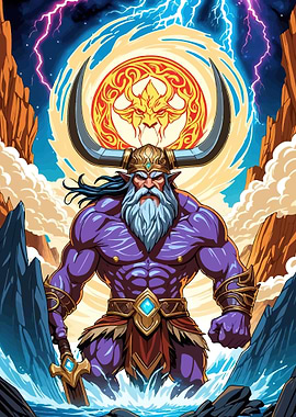Mighty Viking God with Horns and Sword