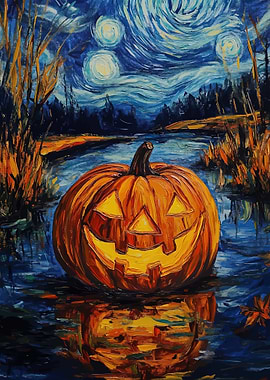 Jack-o'-lantern in a Van Gogh-style night sky