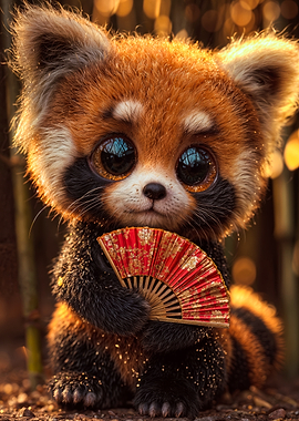 Cute Red Panda Holding Red Fan