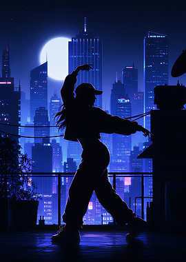 Dancer silhouetted against a neon cityscape