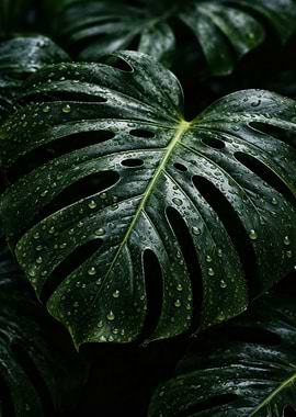 Monstera Leaf with Water Droplets