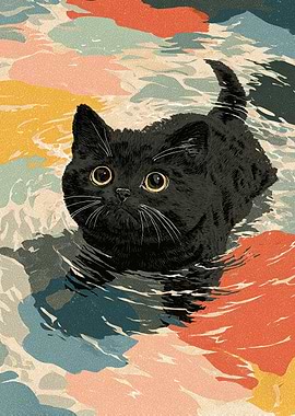 Black Cat in Colorful Water