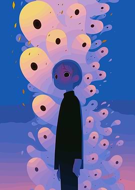 Sad Child Surrounded by Abstract Shapes