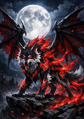 Fiery Winged Wolf Under Full Moon