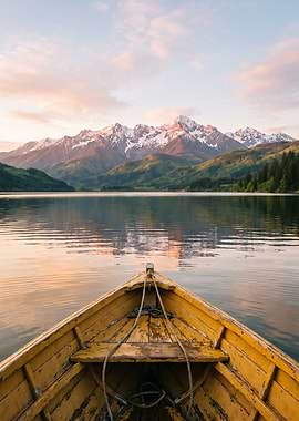 Boat on a serene lake with mountains