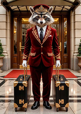 Raccoon Bellhop with Luggage
