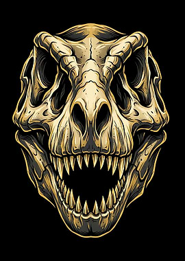 Jurassic T-Rex Skull Gold and Black Wall Art Poster