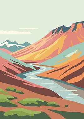 Stylized Mountain River Landscape
