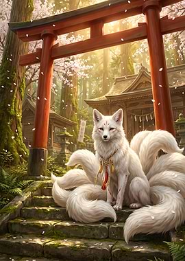 Nine-Tailed Fox Spirit at Shrine Cherry Blossom