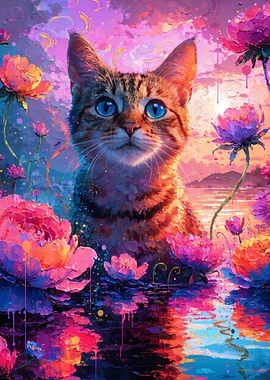 Cat surrounded by vibrant flowers