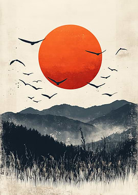 Sunrise over misty mountains with birds