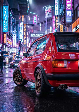 Red classic Neon cyberpunk car in Neon Tokyo poster