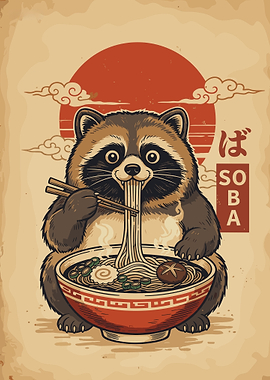 Vintage Japanese Racoon eating Soba