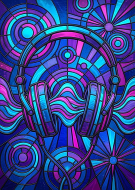 Stained Glass Headphones with Music Waves