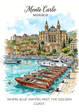 Monte Carlo Monaco: The Golden Coast Watercolor Illustration