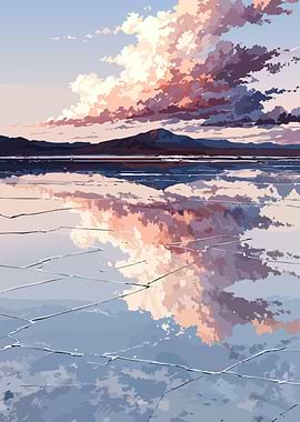 Anime Sunset Reflection on Cracked Ice