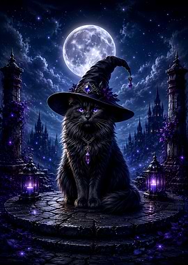 Black Cat Witch in Moonlit Castle