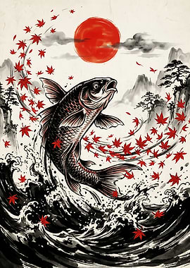 Koi Fish Leaping From Ink Waves — Japanese Ink Art Print, Red Sun & Maple Leaves, Wall Decor