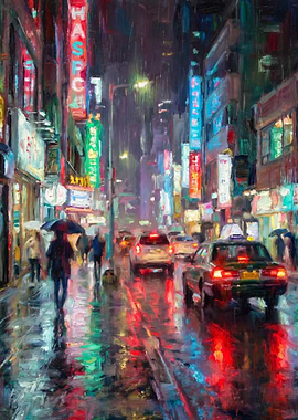 Rainy Night Cityscape with Neon Lights