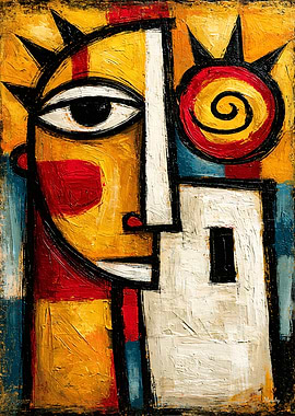 Primitive Cubist Sun Mask Bold Abstract Wall Art