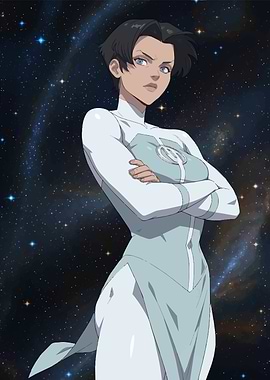 Woman in futuristic white and blue suit in space