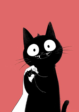 Black Cat with Wide Eyes and Sharp Teeth