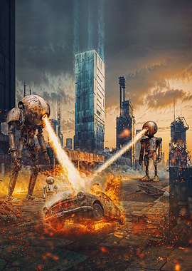 Robots attacking a burning car in a city
