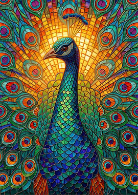 Stained Glass Peacock Displaying Feathers