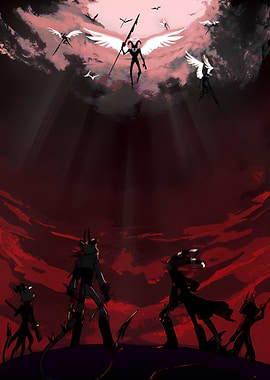 Demonic figures in a red sky