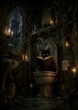 Black Cat Reading Spellbook in Gothic Bathroom