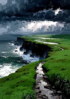 Stormy Coastline with Winding Path