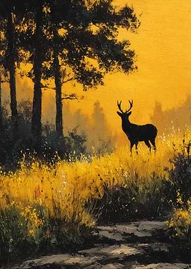 Deer in a golden forest at sunset