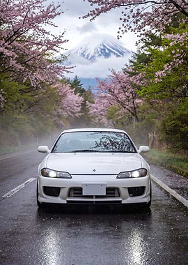 Nissan Silvia S15 Car Under Cherry Blossoms with Mount Fuji